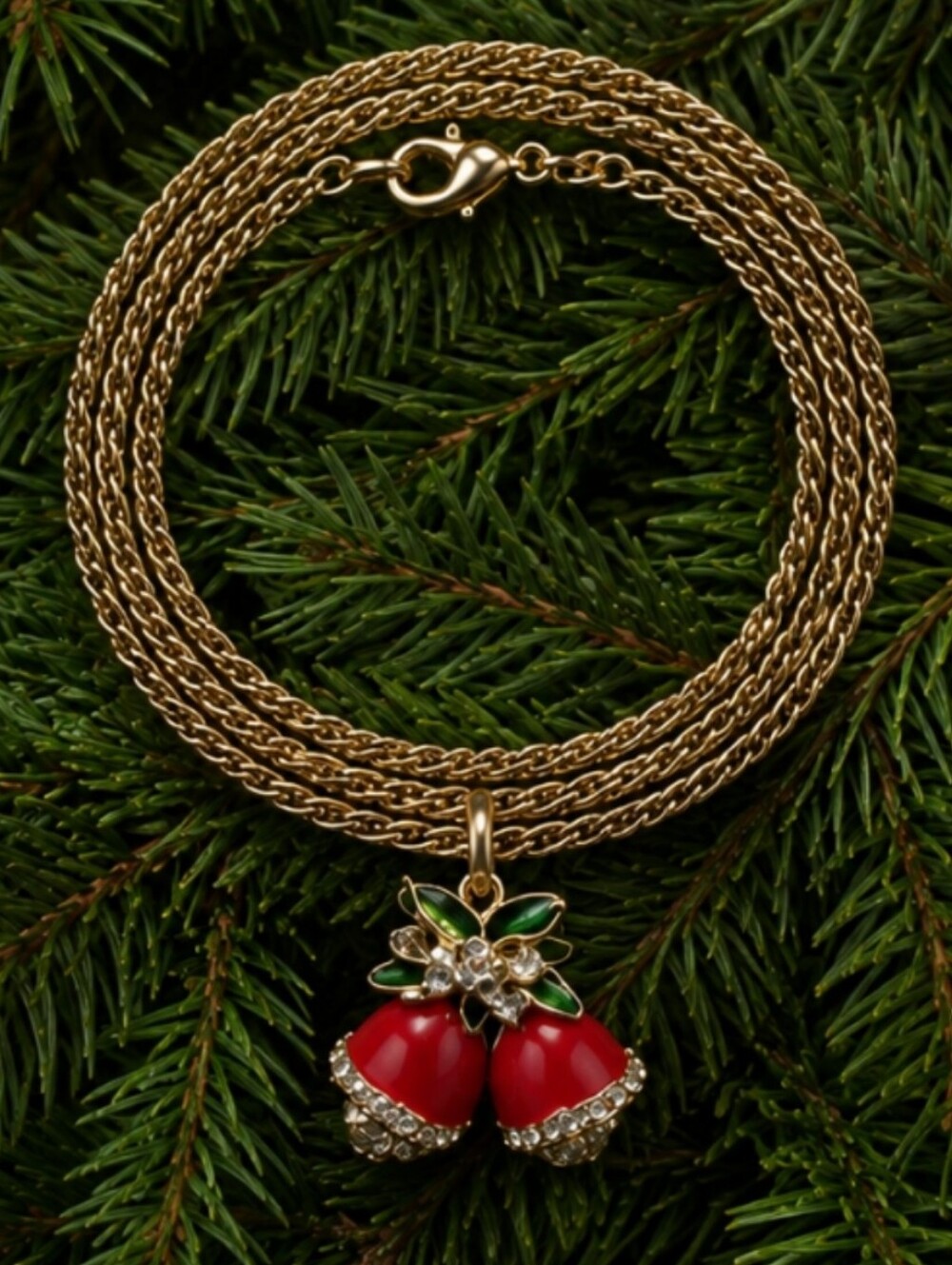 Christmas Bells Red Enameled Rhinestone Holiday Jewelry Necklace Vintage EUC